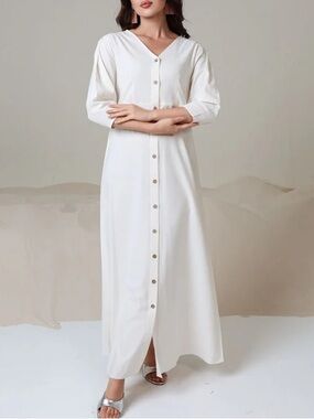Linen Blend Button-Front Maxi Dress Cotton Dress